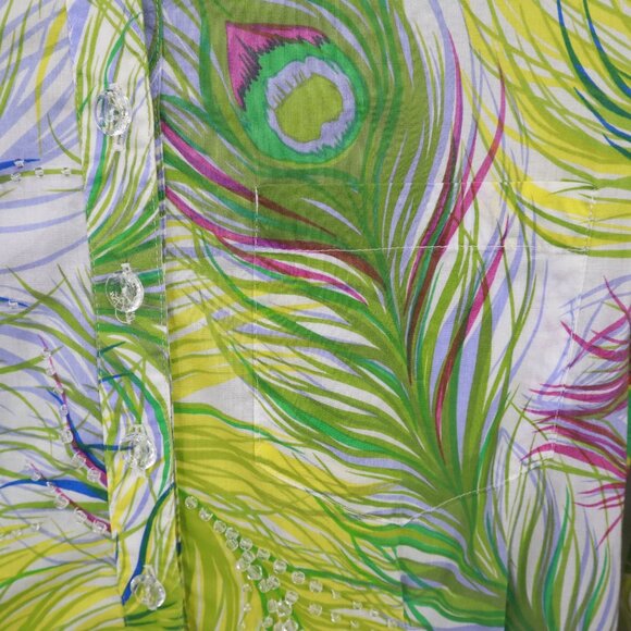 Nanette Lepore Peacock Print Top Women 2 White Boho Unique Artsy Creative Whimsy - Picture 8 of 16